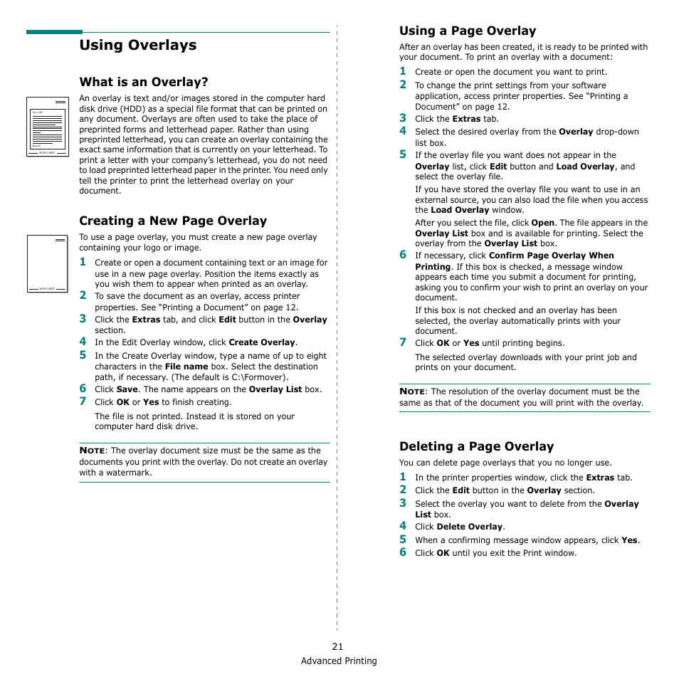 Using overlays, What is an overlay, Creating a new page overlay | Using a page overlay, Deleting a page overlay | Samsung SCX-4500W-XAA User Manual | Page 89 / 112