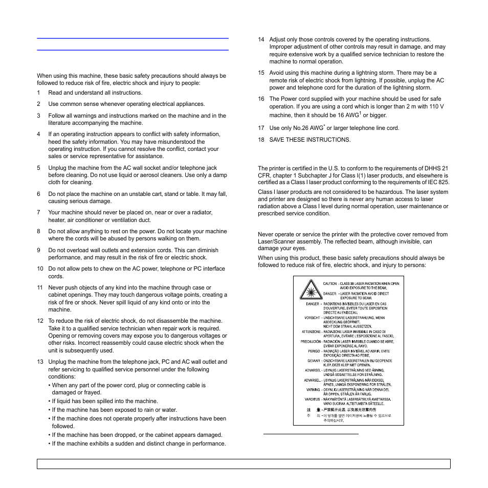 Safety and regulatory information, Important precautions and safety information, Laser safety statement | Samsung SCX-4500W-XAA User Manual | Page 9 / 112