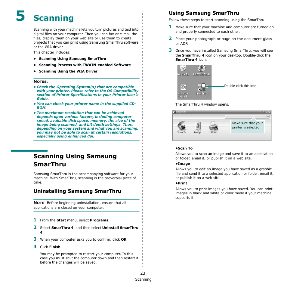 Scanning, Scanning using samsung smarthru, Uninstalling samsung smarthru | Using samsung smarthru, Chapter 5 | Samsung SCX-4500W-XAA User Manual | Page 91 / 112