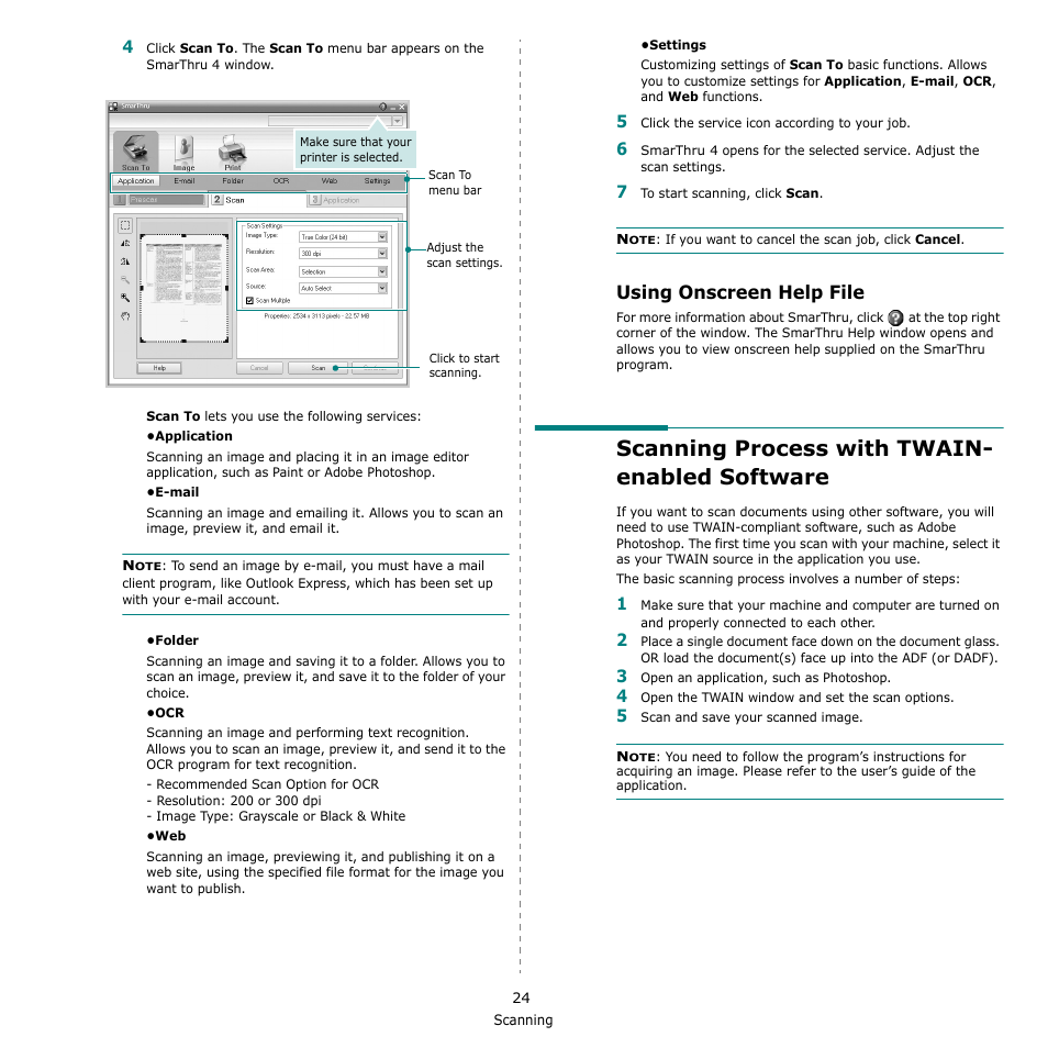 Using onscreen help file, Scanning process with twain- enabled software, Scanning process with twain-enabled software | Samsung SCX-4500W-XAA User Manual | Page 92 / 112