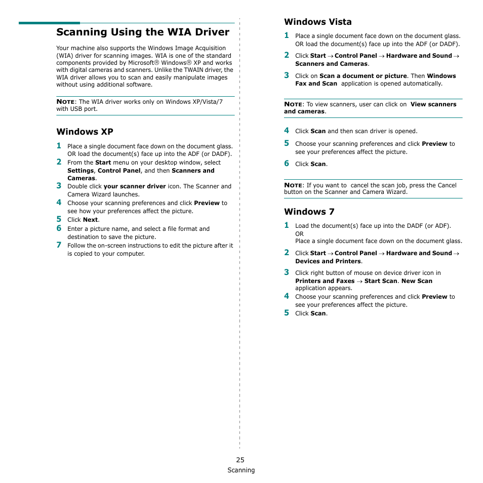 Scanning using the wia driver, Windows xp, Windows vista | Windows 7, Windows xp windows vista windows 7 | Samsung SCX-4500W-XAA User Manual | Page 93 / 112