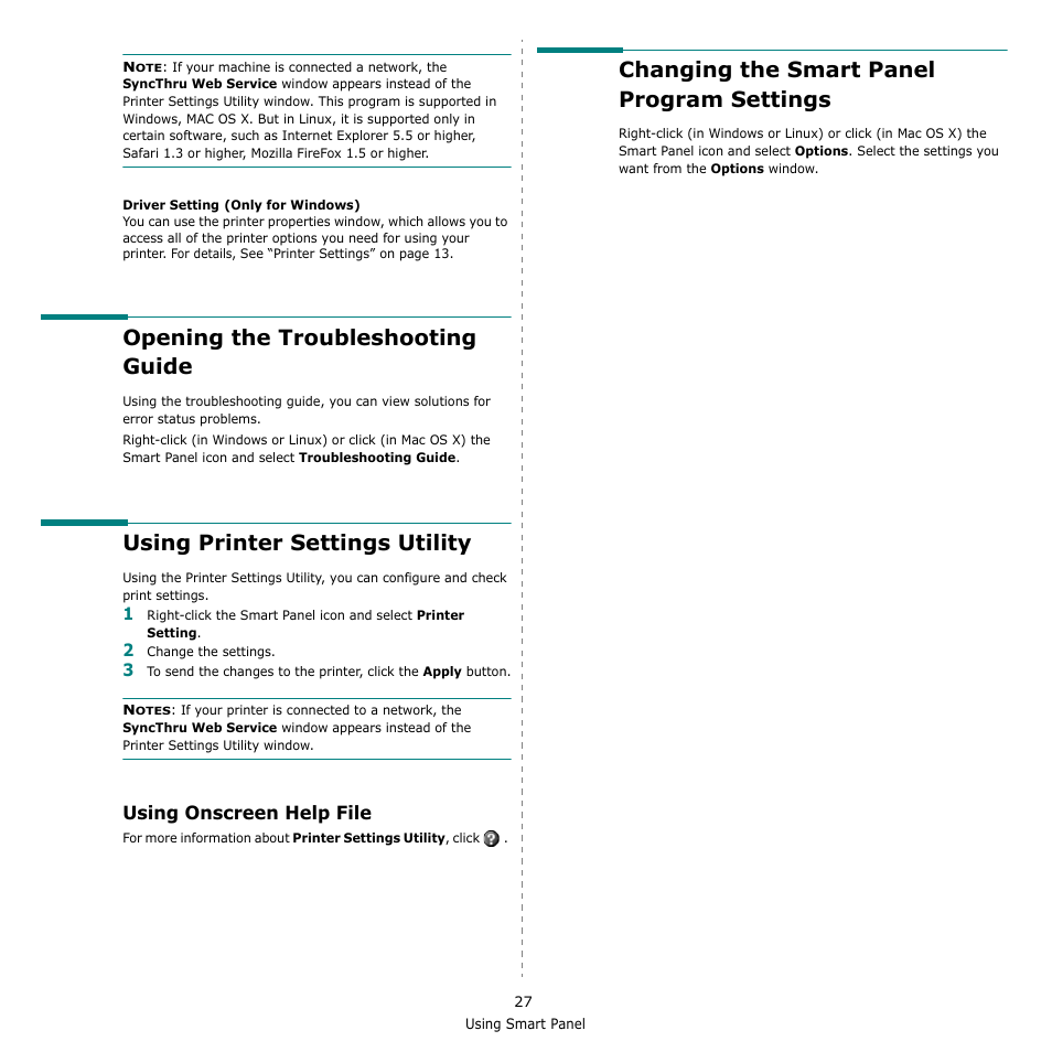 Opening the troubleshooting guide, Using printer settings utility, Using onscreen help file | Changing the smart panel program settings | Samsung SCX-4500W-XAA User Manual | Page 95 / 112