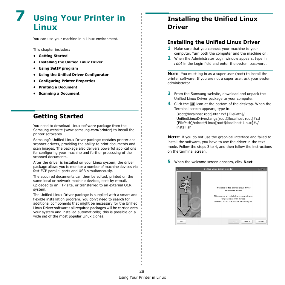 Using your printer in linux, Getting started, Installing the unified linux driver | Chapter 7 | Samsung SCX-4500W-XAA User Manual | Page 96 / 112