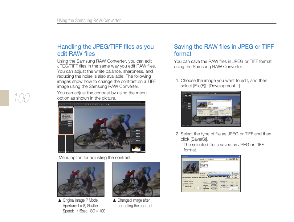 Handling the jpeg/tiff ﬁles as you edit raw ﬁles, Saving the raw ﬁles in jpeg or tiff format | Samsung ES-NX10ZZSEB User Manual | Page 100 / 129