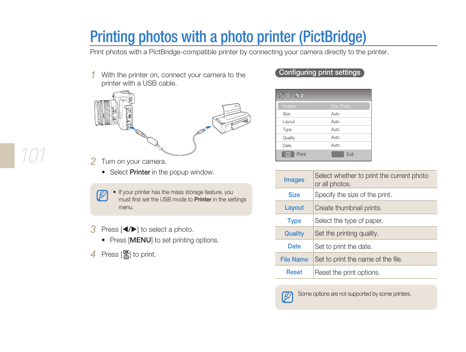 Printing photos with a photo printer (pictbridge) | Samsung ES-NX10ZZSEB User Manual | Page 101 / 129