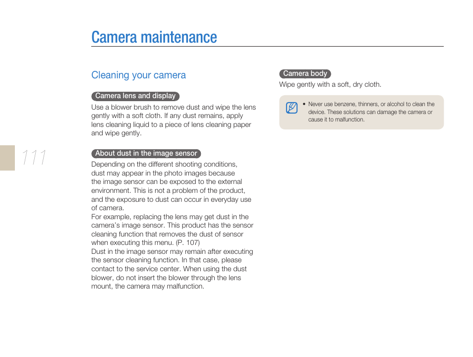 Camera maintenance, Cleaning your camera, Camera maintenance ………………………………… 111 | Samsung ES-NX10ZZSEB User Manual | Page 111 / 129