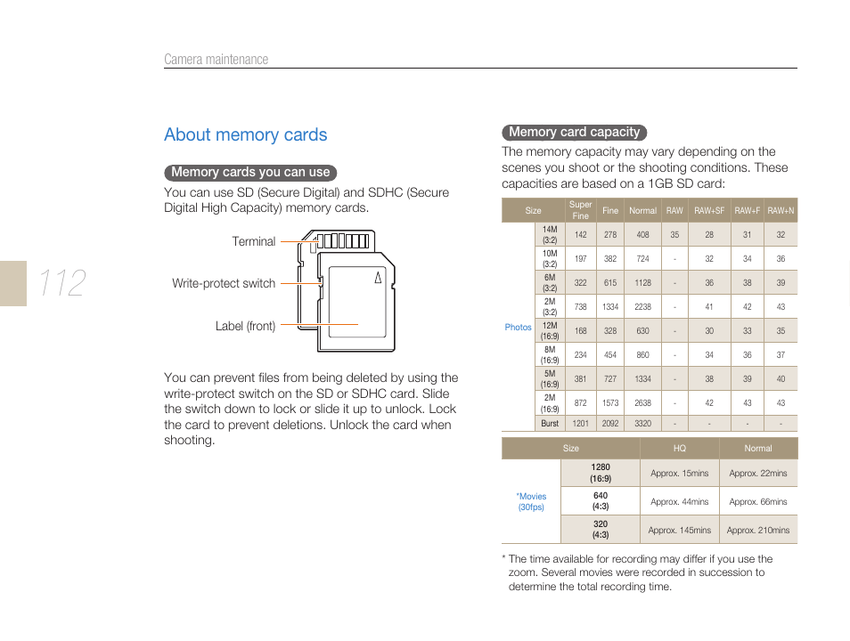 About memory cards, Lens speciﬁcations …………………………………… 122, Camera maintenance | Samsung ES-NX10ZZSEB User Manual | Page 112 / 129