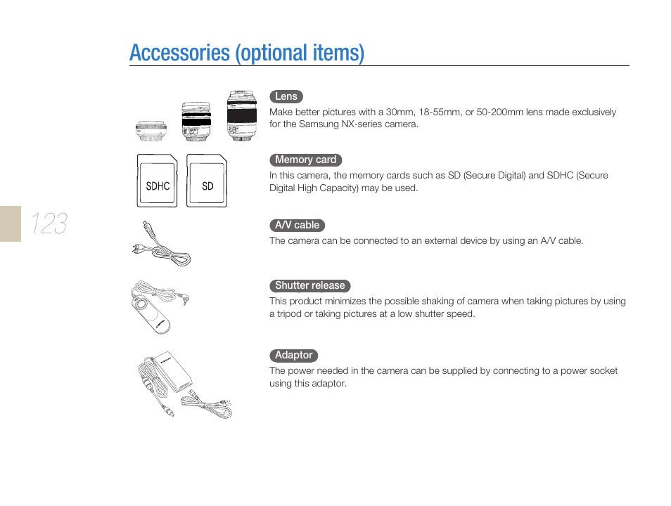 Accessories (optional items), Accessories (optional items) ………………………… 123 | Samsung ES-NX10ZZSEB User Manual | Page 123 / 129