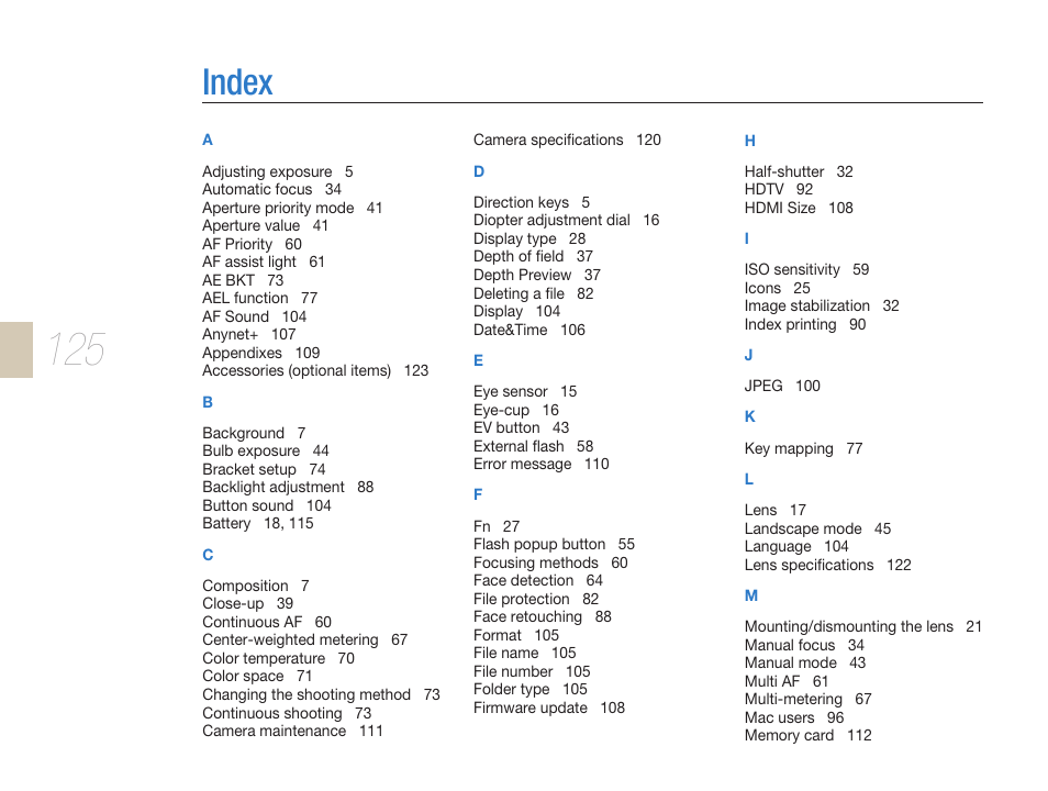 Index, Index …………………………………………………… 125 | Samsung ES-NX10ZZSEB User Manual | Page 125 / 129