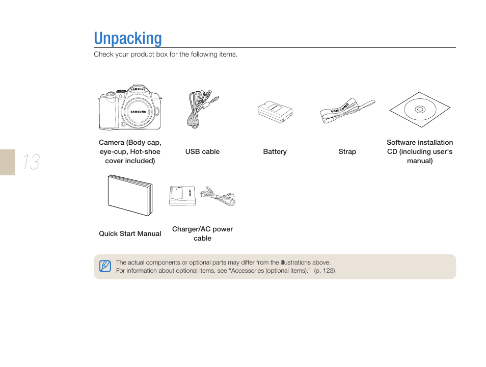 Unpacking, Unpacking …………………………………………………13 | Samsung ES-NX10ZZSEB User Manual | Page 13 / 129