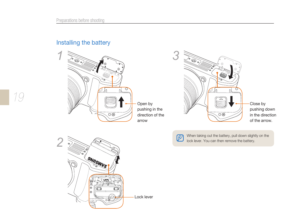 Installing the battery, Cover (p. 19) | Samsung ES-NX10ZZSEB User Manual | Page 19 / 129