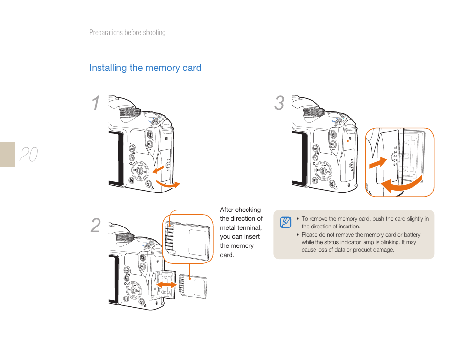 Installing the memory card | Samsung ES-NX10ZZSEB User Manual | Page 20 / 129