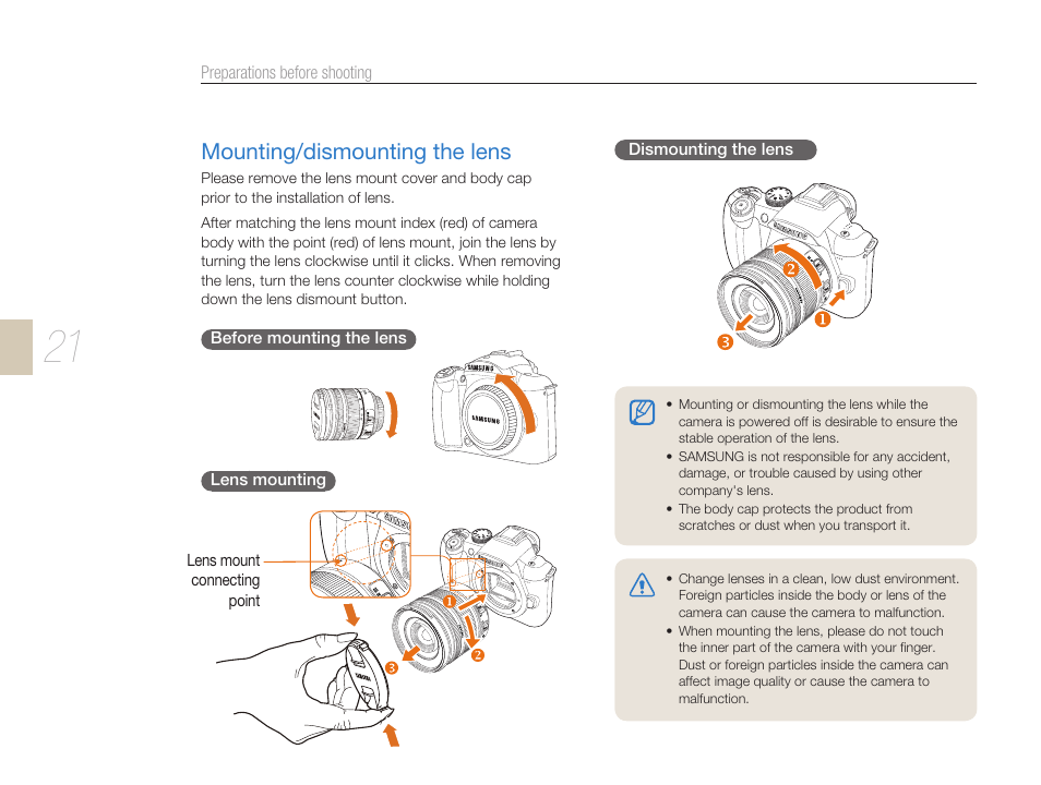 Mounting/dismounting the lens, P. 21), Button (p. 21) | Lens mount (p. 21), Body cap (p. 21) | Samsung ES-NX10ZZSEB User Manual | Page 21 / 129