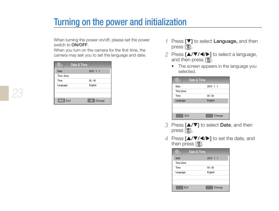 Turning on the power and initialization, Turning on the power and initialization …………………23, Power switch (p. 23) | Samsung ES-NX10ZZSEB User Manual | Page 23 / 129