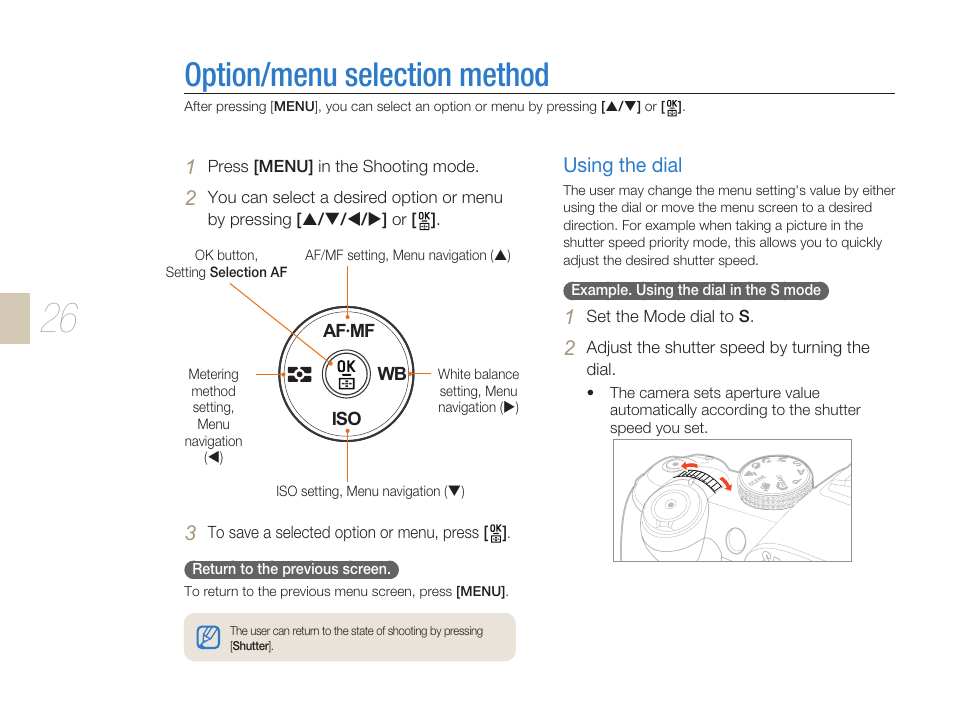 Option/menu selection method, Using the dial, Option/menu selection method …………………………26 | Dial (p. 26), Button (p. 26) | Samsung ES-NX10ZZSEB User Manual | Page 26 / 129