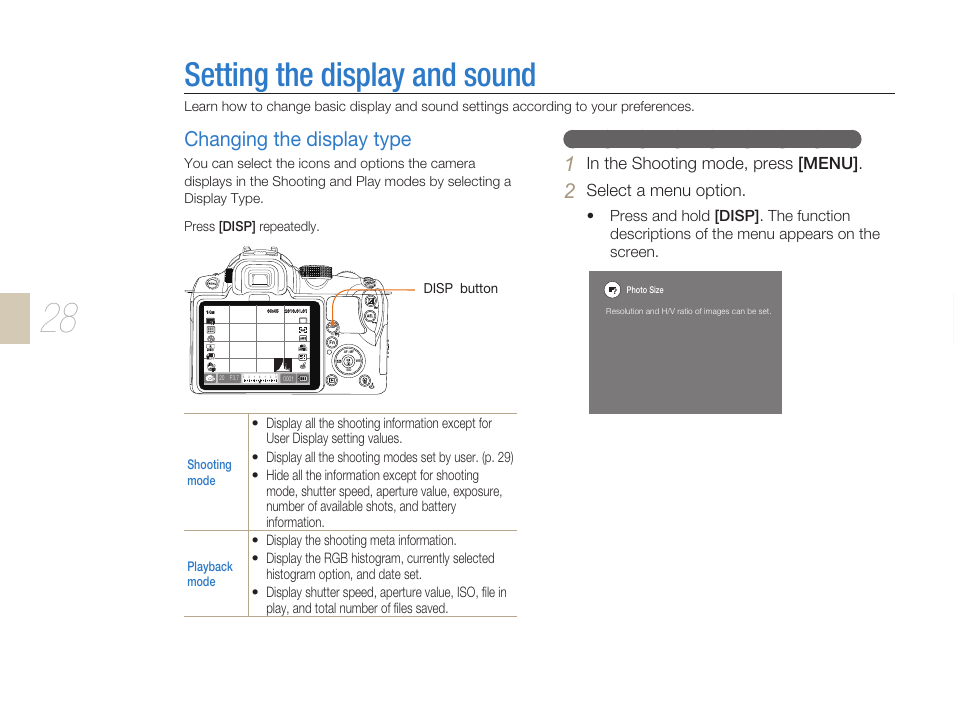 Setting the display and sound, Changing the display type, Setting the display and sound ……………………………28 | Disp button (p. 28), Select a menu option, Viewing the function descriptions of menu | Samsung ES-NX10ZZSEB User Manual | Page 28 / 129