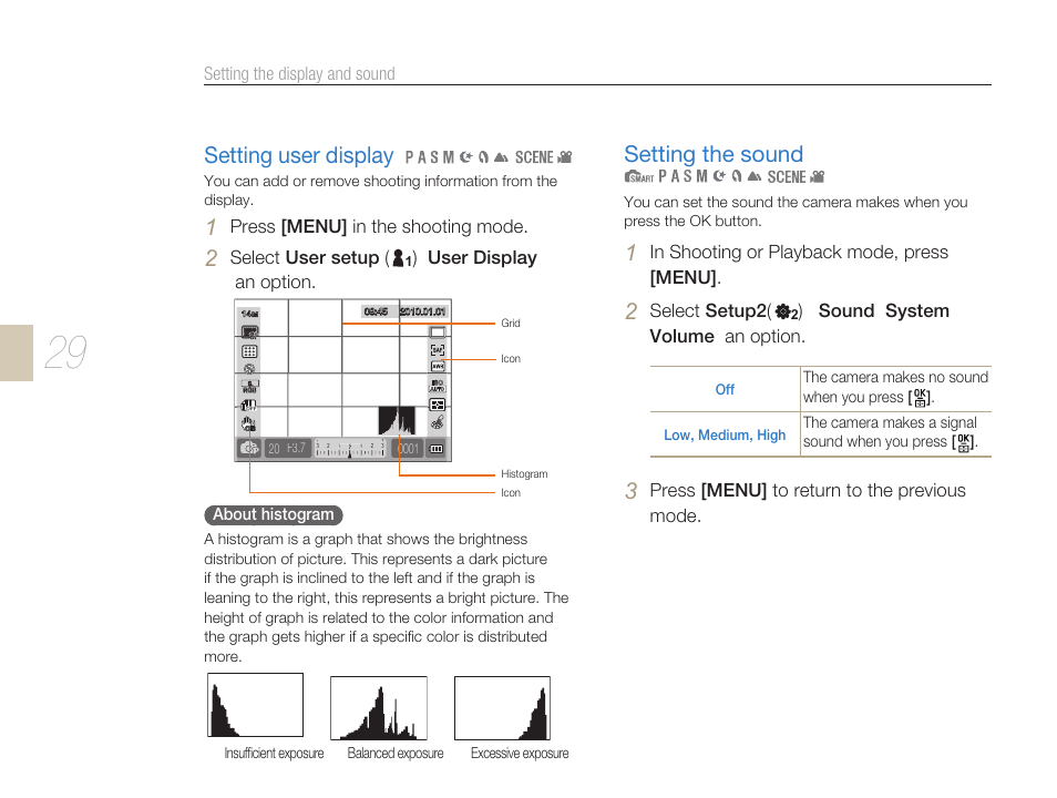 Setting user display setting the sound, Setting user display, Setting the sound | Setting the display and sound, Press [menu] in the shooting mode, Select user setup, User display → an option, Select setup2, Sound → system volume → an option, Press [menu] to return to the previous mode | Samsung ES-NX10ZZSEB User Manual | Page 29 / 129