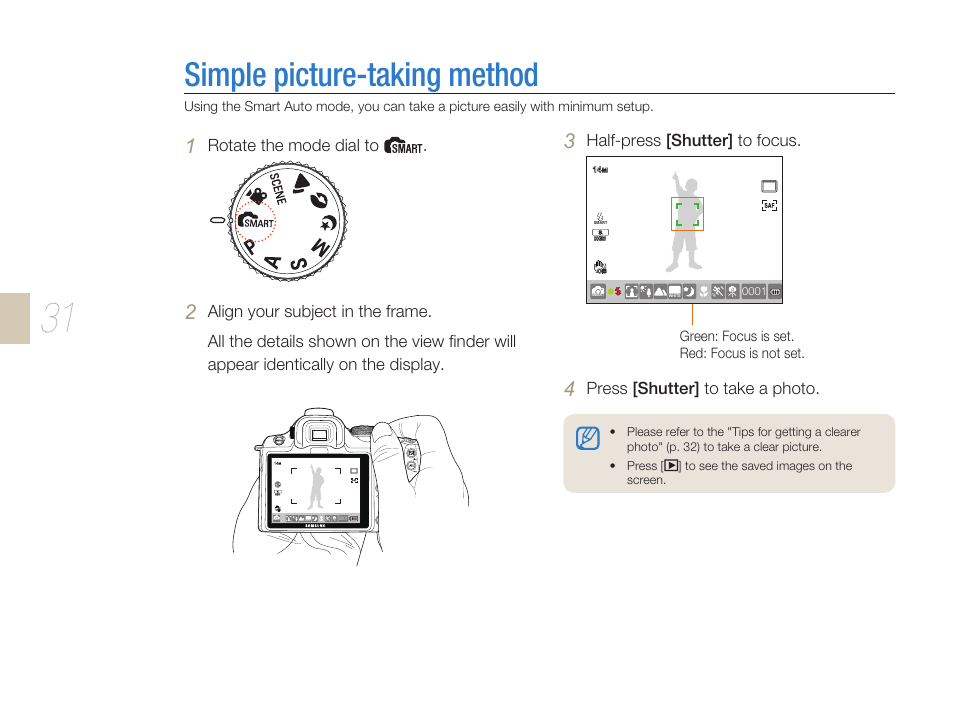 Simple picture-taking method, Simple picture-taking method ……………………………31, Rotate the mode dial to | Half-press [shutter] to focus, Press [shutter] to take a photo | Samsung ES-NX10ZZSEB User Manual | Page 31 / 129