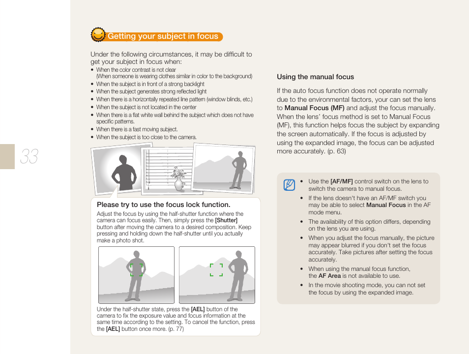 Getting your subject in focus | Samsung ES-NX10ZZSEB User Manual | Page 33 / 129