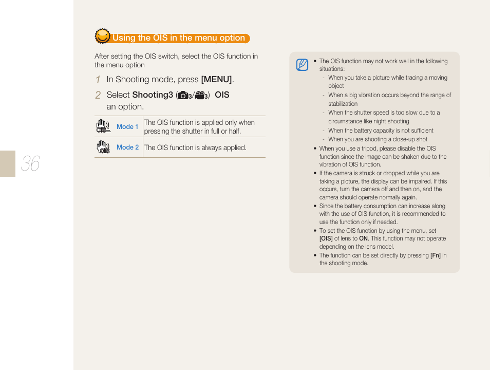 Using the ois in the menu option | Samsung ES-NX10ZZSEB User Manual | Page 36 / 129