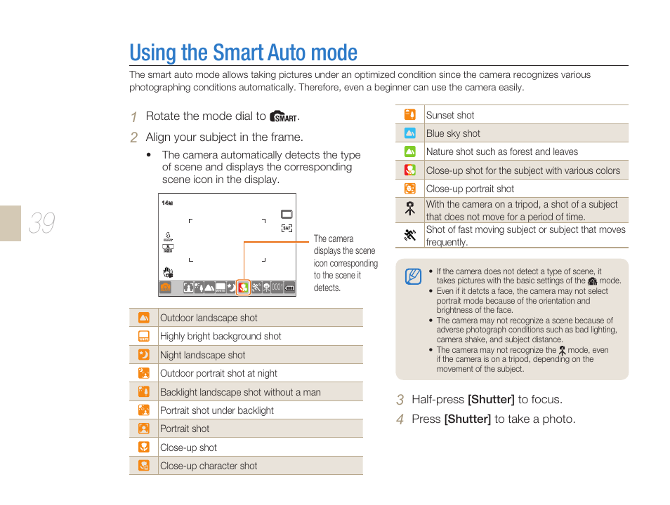 Using the smart auto mode, Using the smart auto mode ………………………… 39 | Samsung ES-NX10ZZSEB User Manual | Page 39 / 129