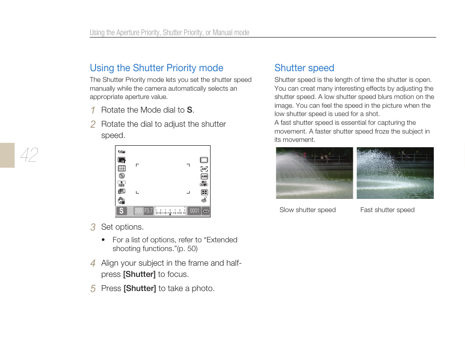 Mode, Using the shutter priority mode shutter speed, Using the shutter priority mode | Shutter speed | Samsung ES-NX10ZZSEB User Manual | Page 42 / 129