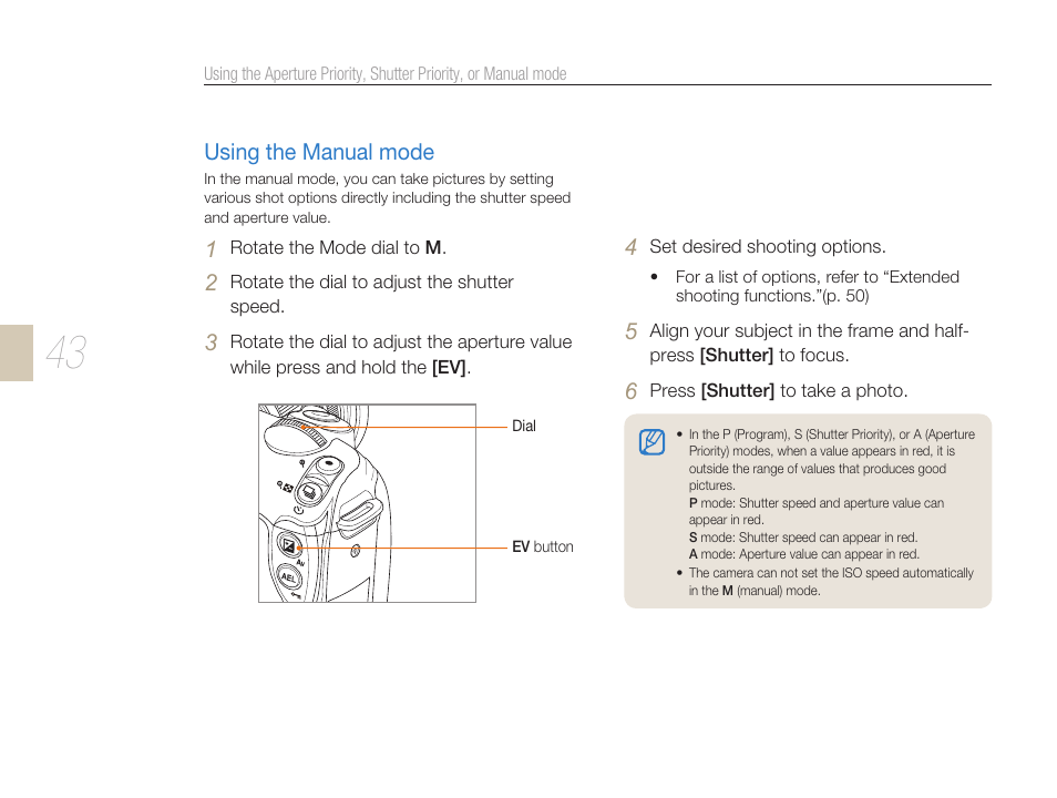 Using the manual mode, Ev button (p. 43) | Samsung ES-NX10ZZSEB User Manual | Page 43 / 129