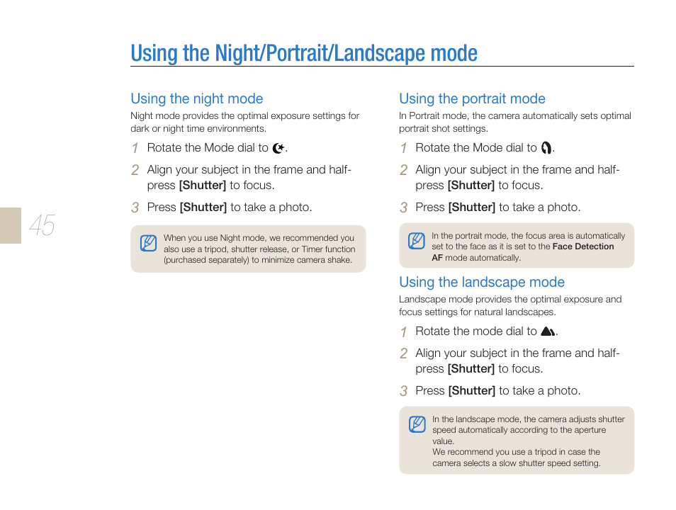 Using the night/portrait/landscape mode, Using the night/portrait/landscapee mode ……… 45 | Samsung ES-NX10ZZSEB User Manual | Page 45 / 129