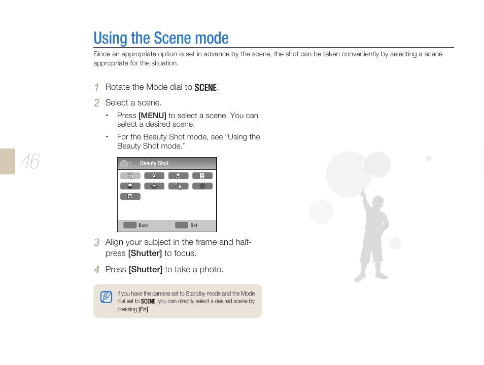Using the scene mode, Using the scene mode ……………………………… 46 | Samsung ES-NX10ZZSEB User Manual | Page 46 / 129