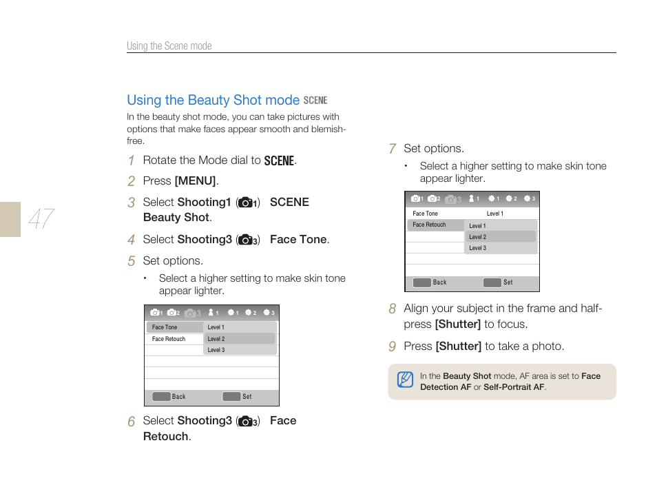 Using the beauty shot mode | Samsung ES-NX10ZZSEB User Manual | Page 47 / 129