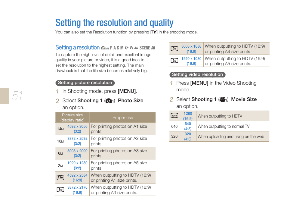 Setting the resolution and quality, Setting a resolution, Setting the resolution and quality …………………… 51 | Samsung ES-NX10ZZSEB User Manual | Page 51 / 129