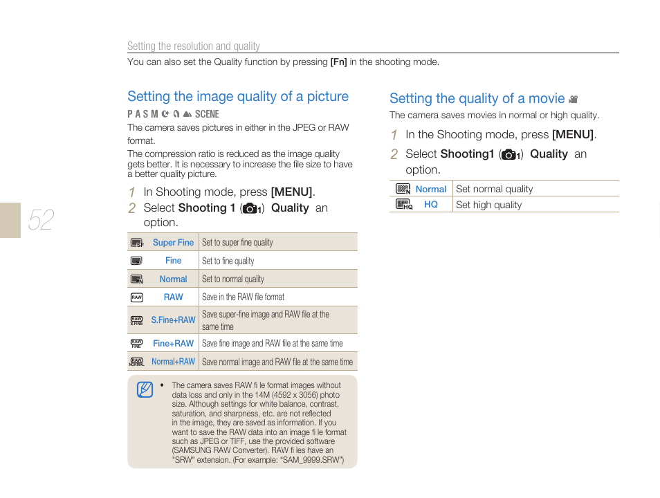 Setting the image quality of a picture, Setting the quality of a movie | Samsung ES-NX10ZZSEB User Manual | Page 52 / 129