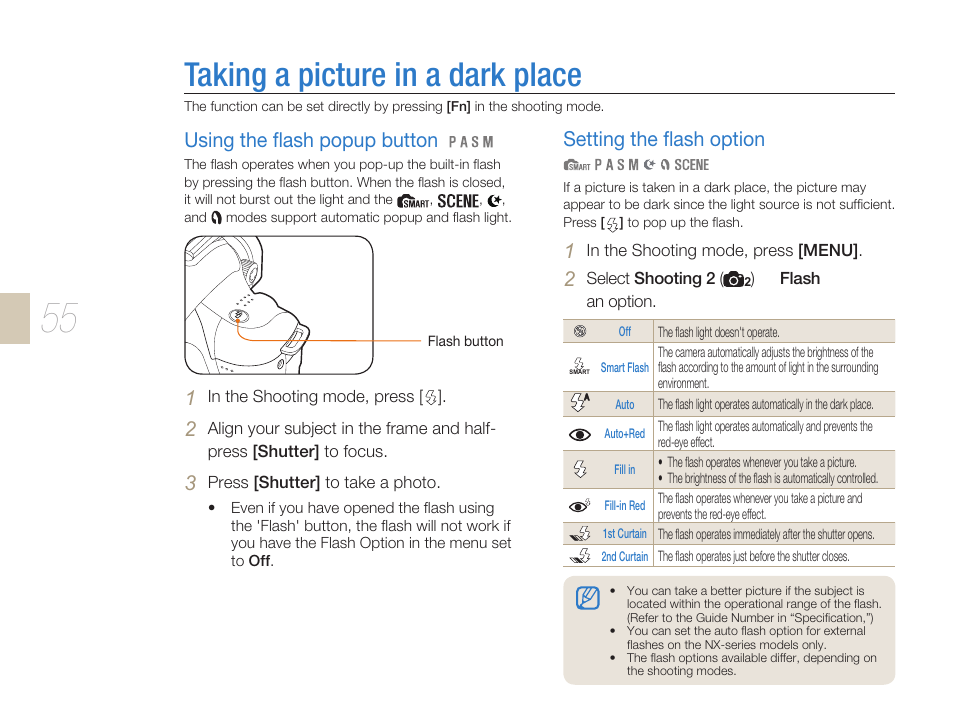 Taking a picture in a dark place, P. 55), Taking a picture in the dark place …………………… 55 | Using the ﬂash popup button, Setting the ﬂash option | Samsung ES-NX10ZZSEB User Manual | Page 55 / 129