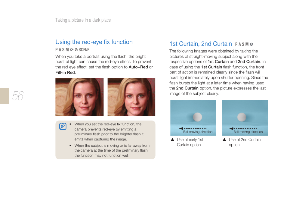 Using the red-eye ﬁx function, 1st curtain, 2nd curtain | Samsung ES-NX10ZZSEB User Manual | Page 56 / 129
