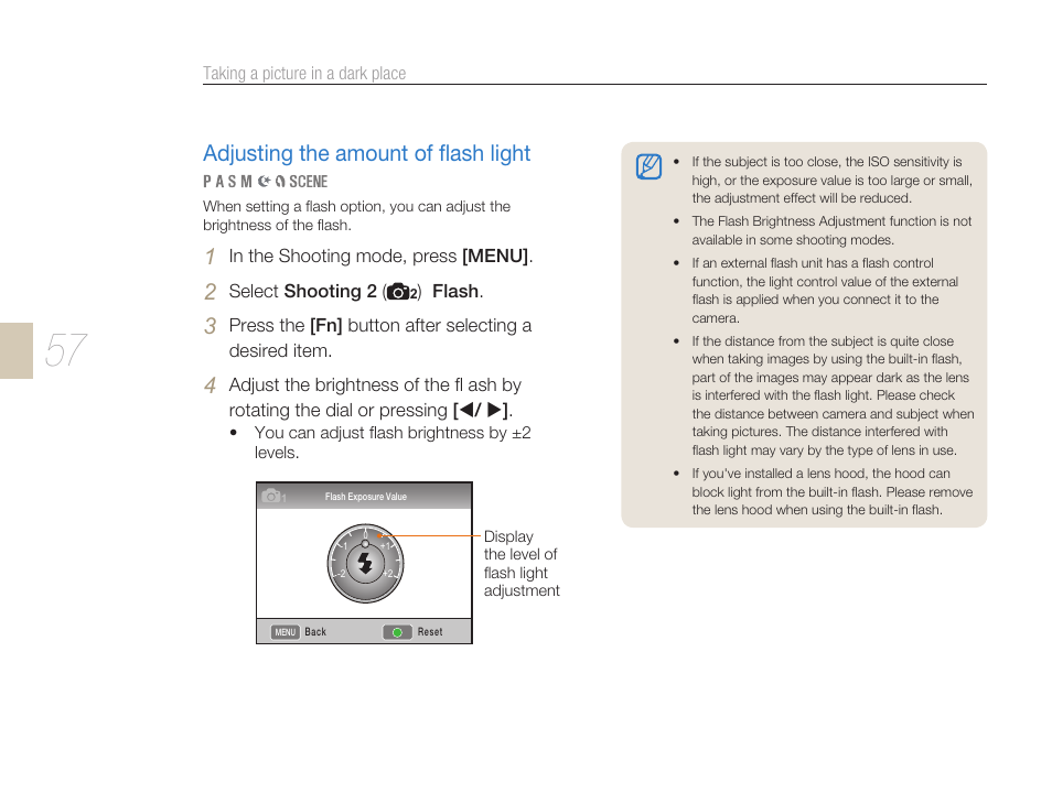 Adjusting the amount of ﬂash light | Samsung ES-NX10ZZSEB User Manual | Page 57 / 129