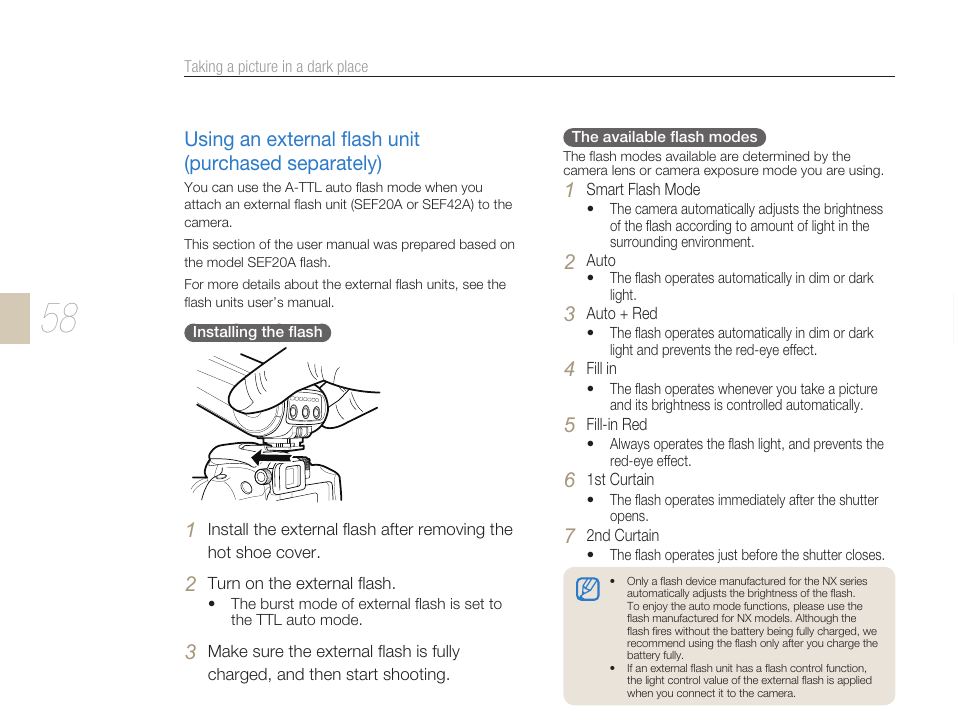 Using an external ﬂash unit (purchased separately), P. 58), Hot-shoe (p. 58) | Samsung ES-NX10ZZSEB User Manual | Page 58 / 129