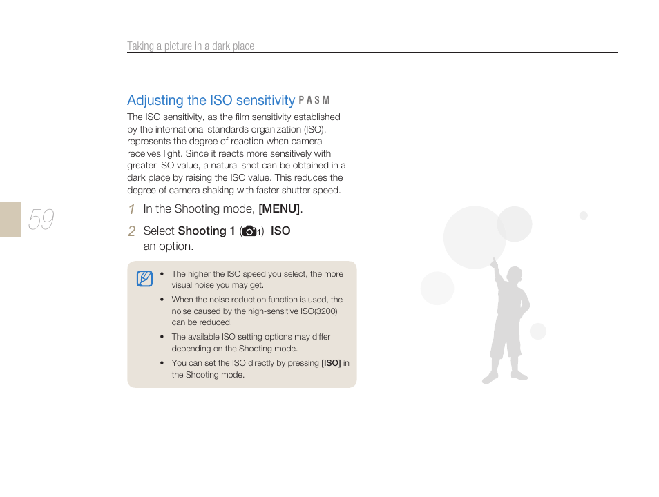 Iso speed setting, Adjusting the iso sensitivity | Samsung ES-NX10ZZSEB User Manual | Page 59 / 129