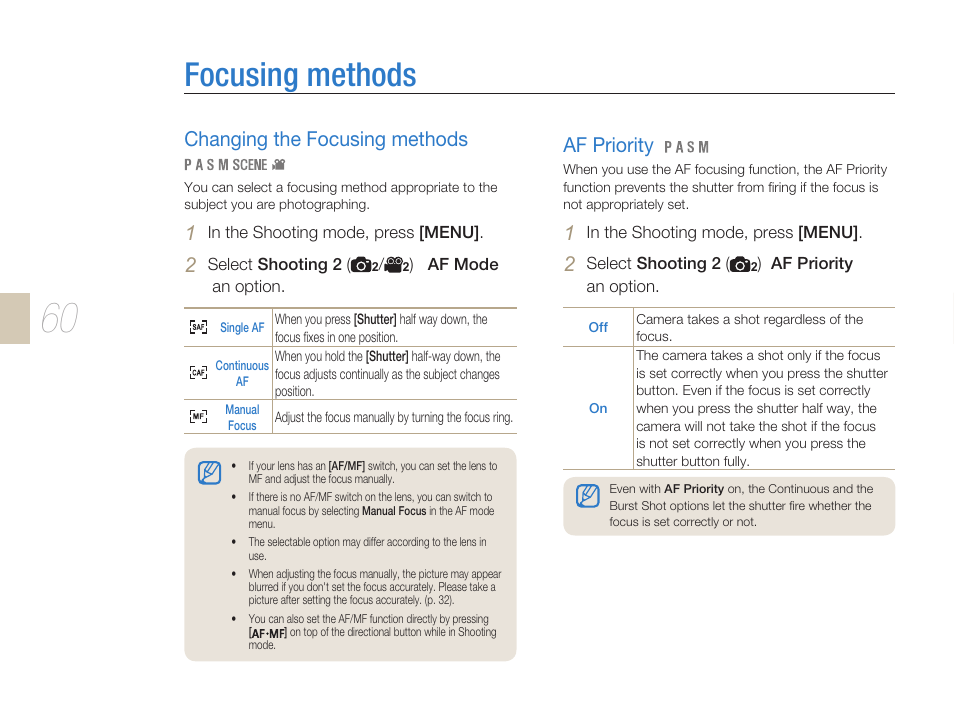 Focusing methods, Changing the focusing methods af priority, Focusing methods …………………………………… 60 | Changing the focusing methods, Af priority | Samsung ES-NX10ZZSEB User Manual | Page 60 / 129