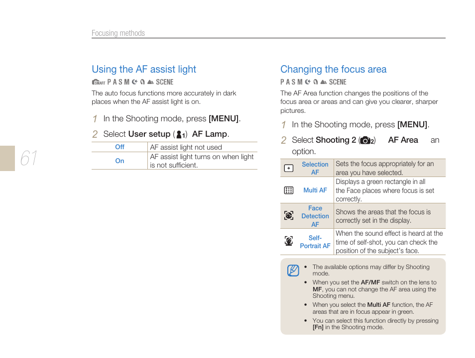 Using the af assist light changing the focus area, Timer lamp (p. 61), Using the af assist light | Changing the focus area | Samsung ES-NX10ZZSEB User Manual | Page 61 / 129