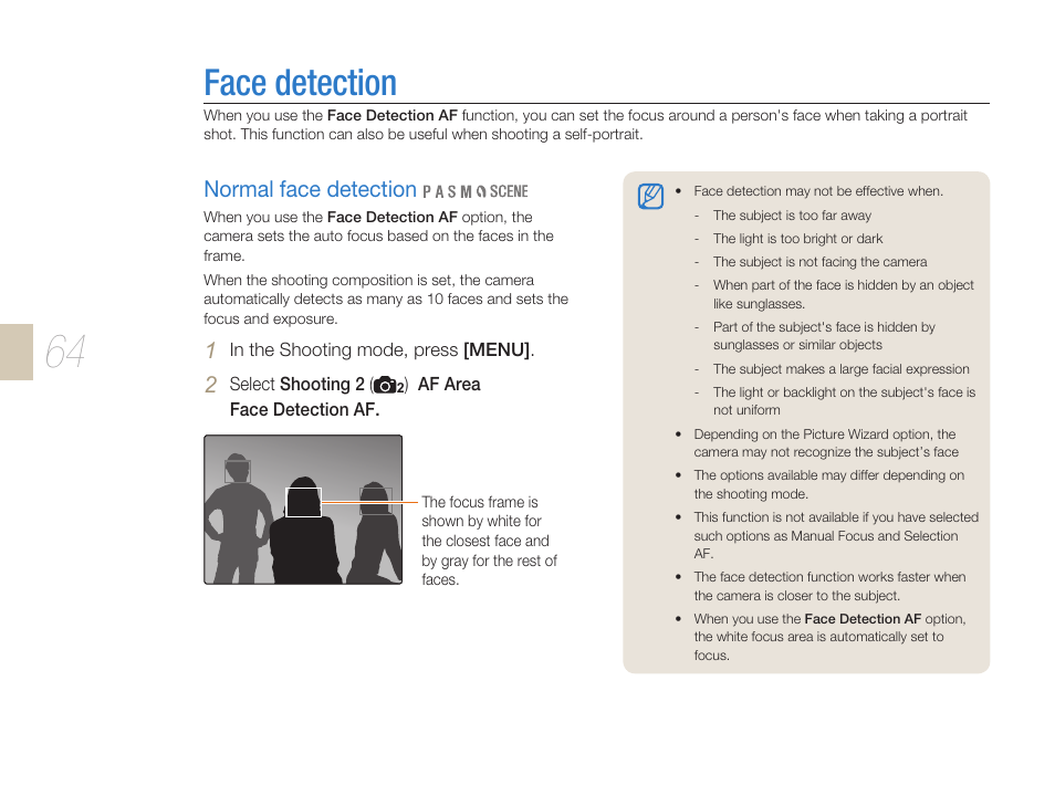 Face detection, Normal face detection, Face detection ………………………………………… 64 | Samsung ES-NX10ZZSEB User Manual | Page 64 / 129