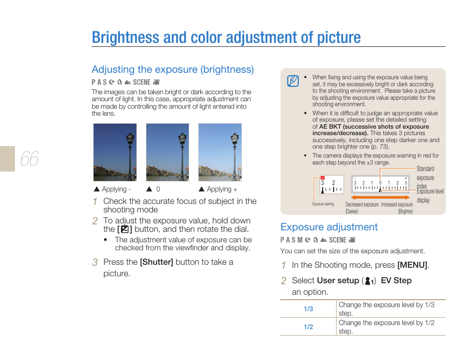 Adjusting exposure, Brightness and color adjustment of picture, Brightness and color adjustment of picture ………… 66 | Adjusting the exposure (brightness), Exposure adjustment | Samsung ES-NX10ZZSEB User Manual | Page 66 / 129