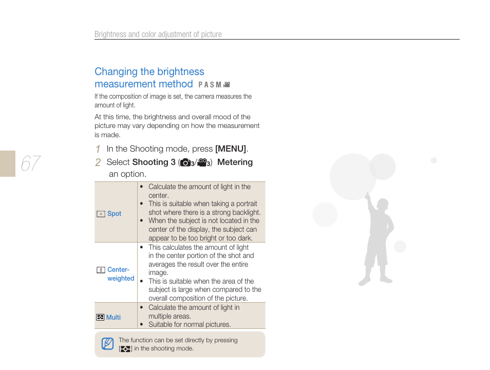 Changing the brightness measurement method | Samsung ES-NX10ZZSEB User Manual | Page 67 / 129