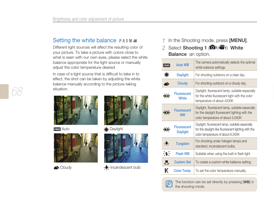 Using the white balance, Setting the white balance | Samsung ES-NX10ZZSEB User Manual | Page 68 / 129