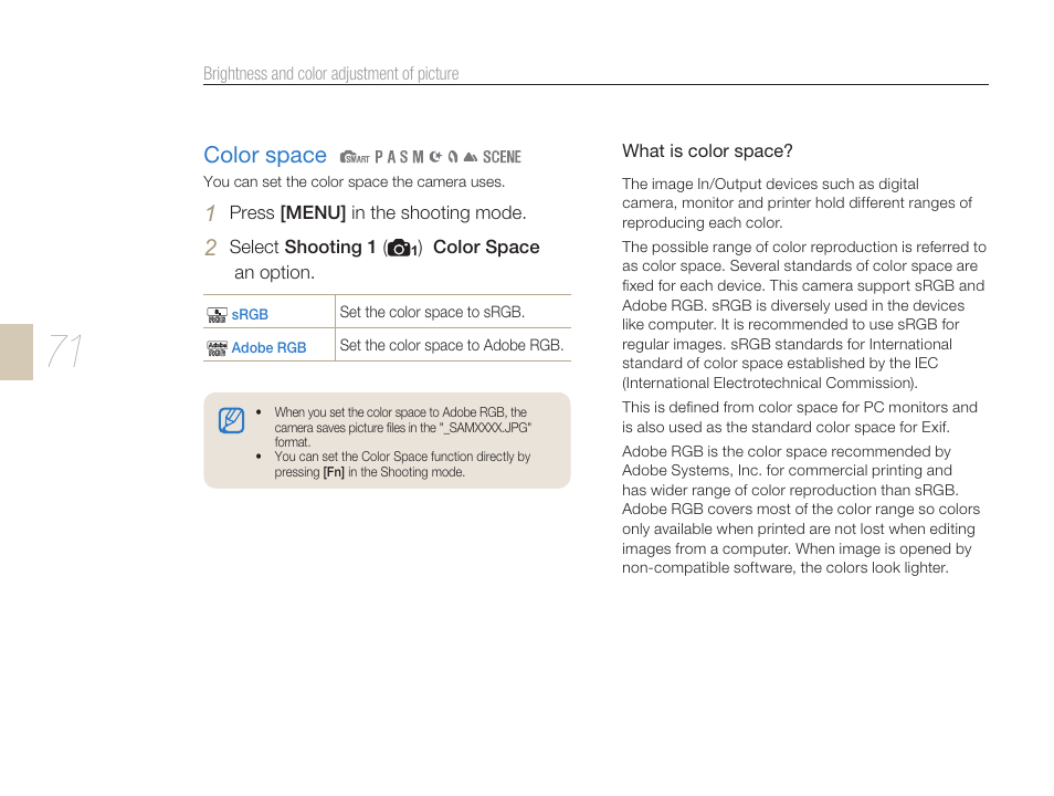 Color space | Samsung ES-NX10ZZSEB User Manual | Page 71 / 129