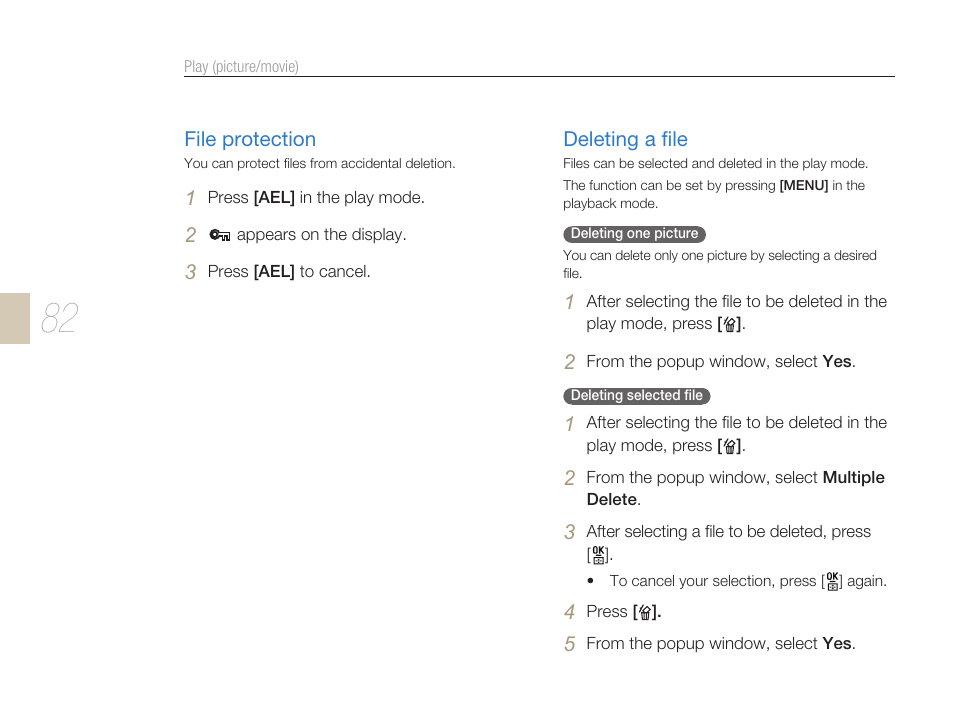 File protection deleting a ﬁle, Button (p. 82) | Samsung ES-NX10ZZSEB User Manual | Page 82 / 129