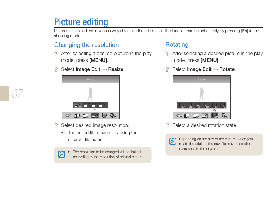 Picture editing, Changing the resolution rotating, Picture editing ………………………………………… 87 | Samsung ES-NX10ZZSEB User Manual | Page 87 / 129