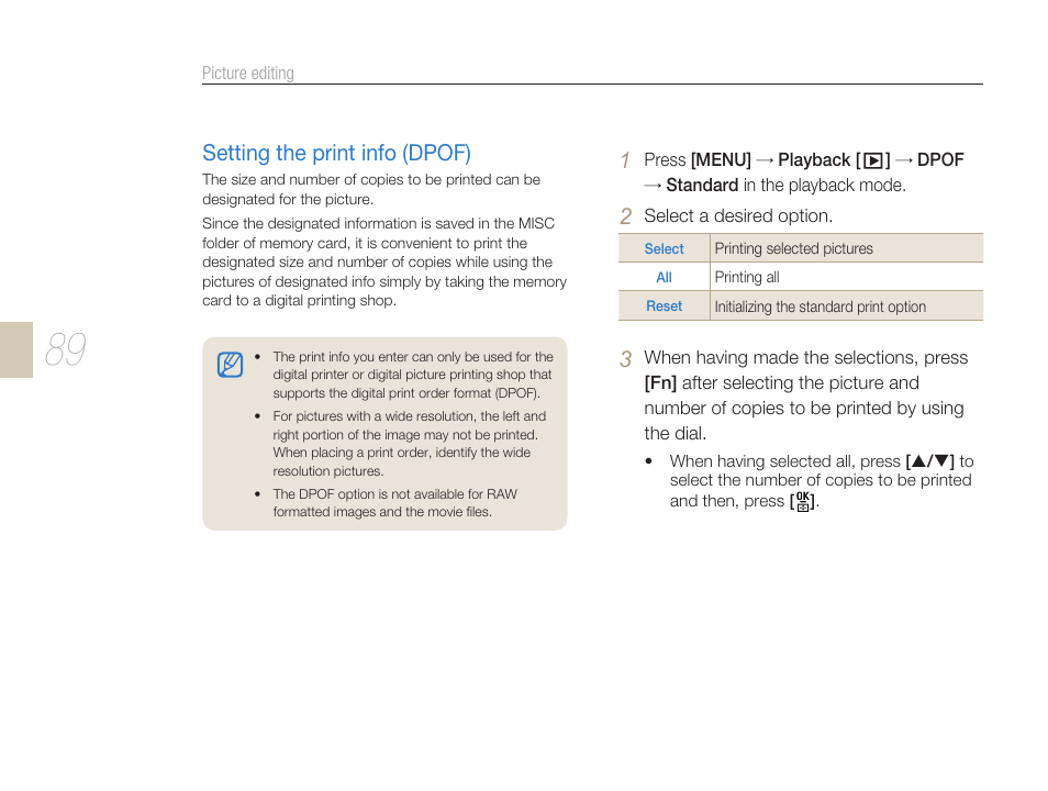 Setting the print info (dpof) | Samsung ES-NX10ZZSEB User Manual | Page 89 / 129