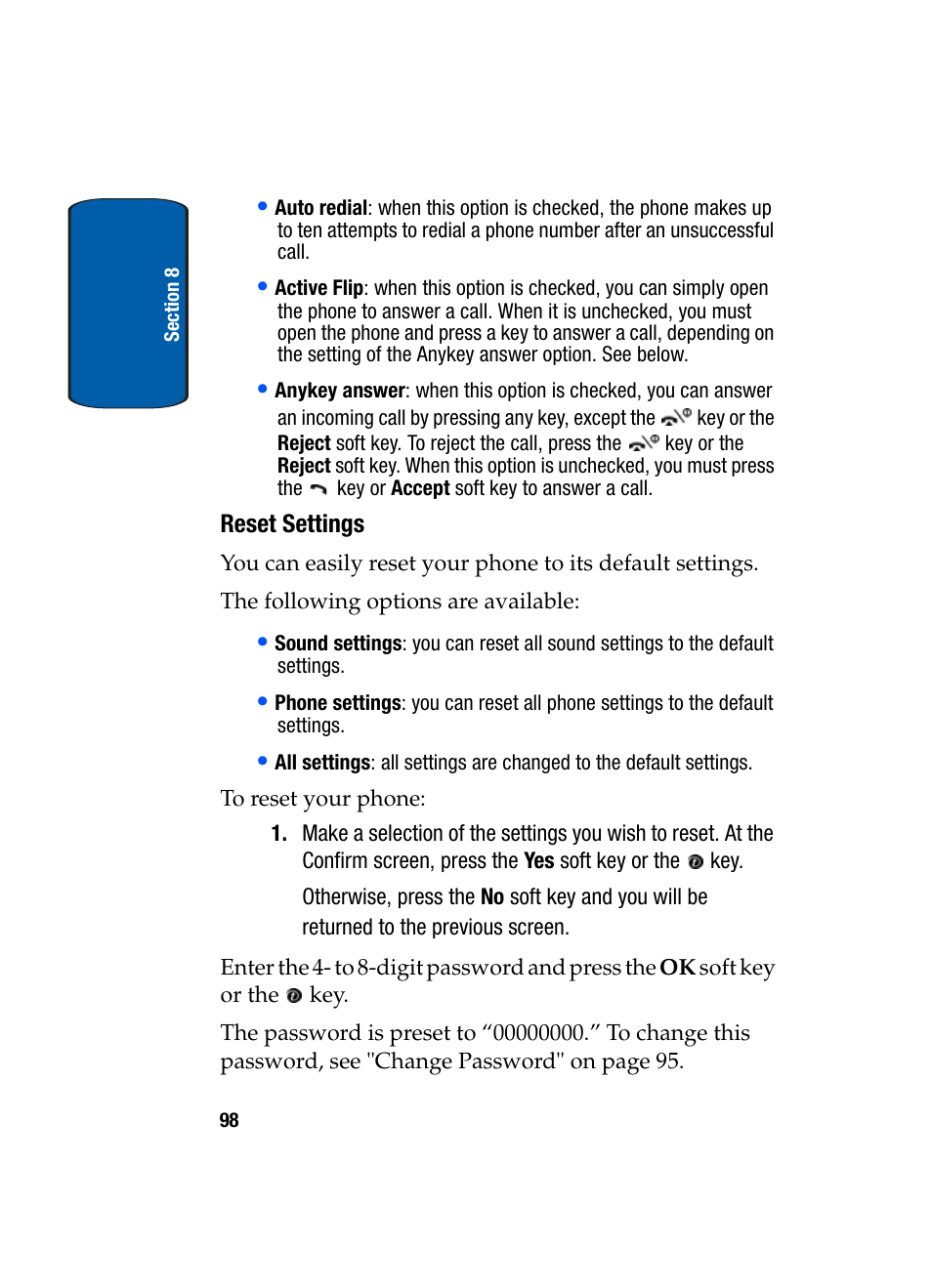 Reset settings | Samsung SGH-X495IBBTMB User Manual | Page 102 / 172