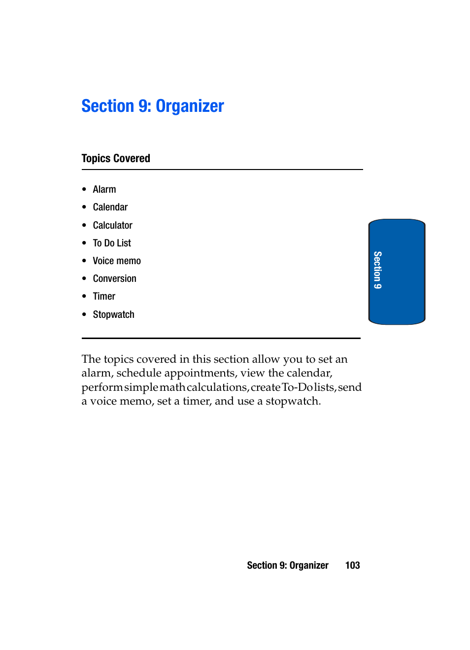 Section 9: organizer | Samsung SGH-X495IBBTMB User Manual | Page 107 / 172