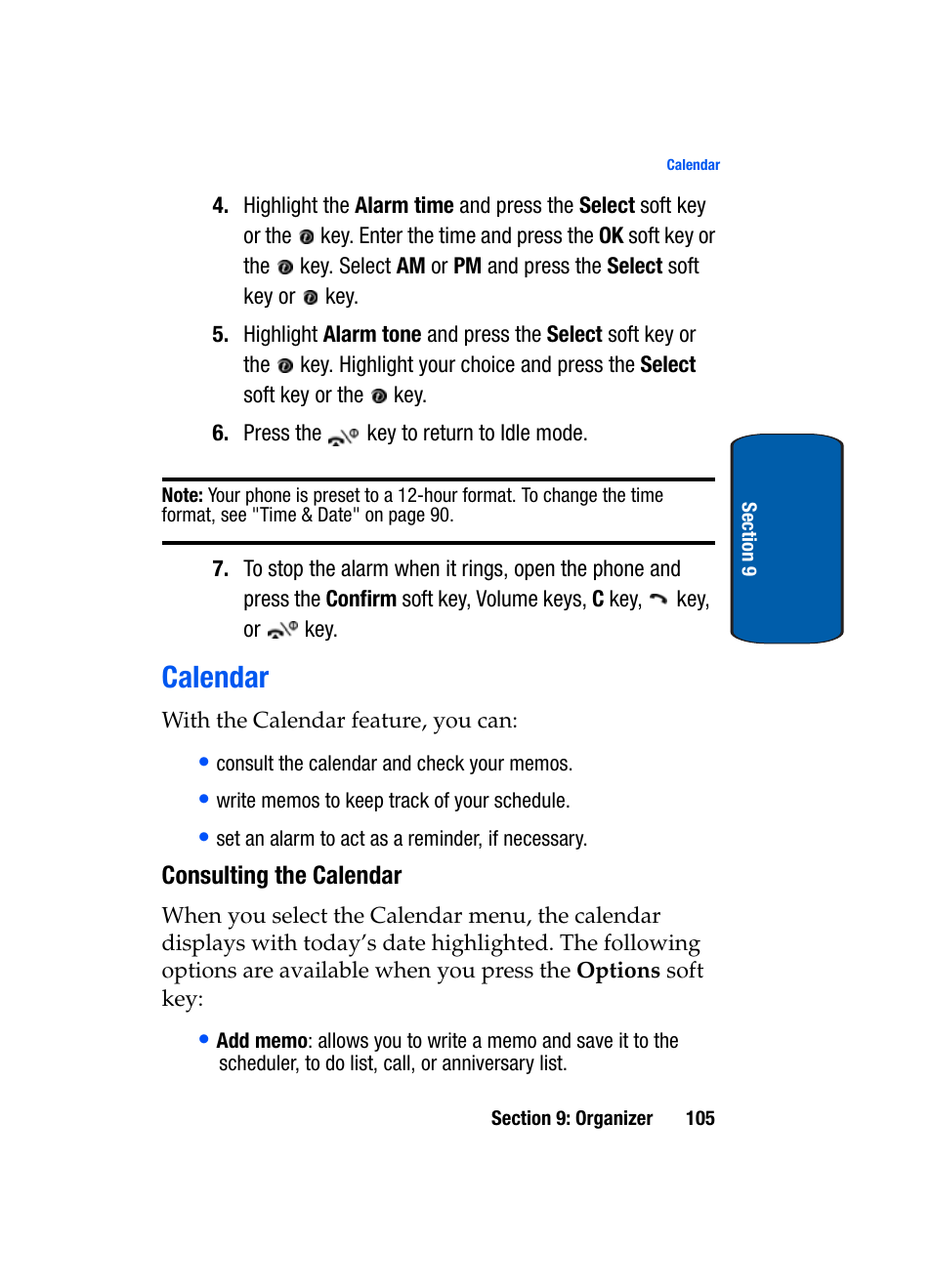 Calendar, Consulting the calendar | Samsung SGH-X495IBBTMB User Manual | Page 109 / 172